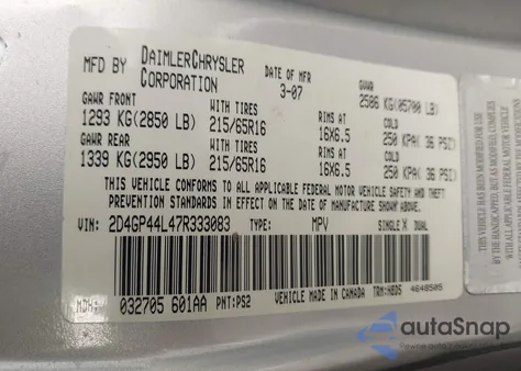 2007 Dodge Grand Caravan Sxt z USA, uszkodzony, nr VIN 2D4GP44L47R333083